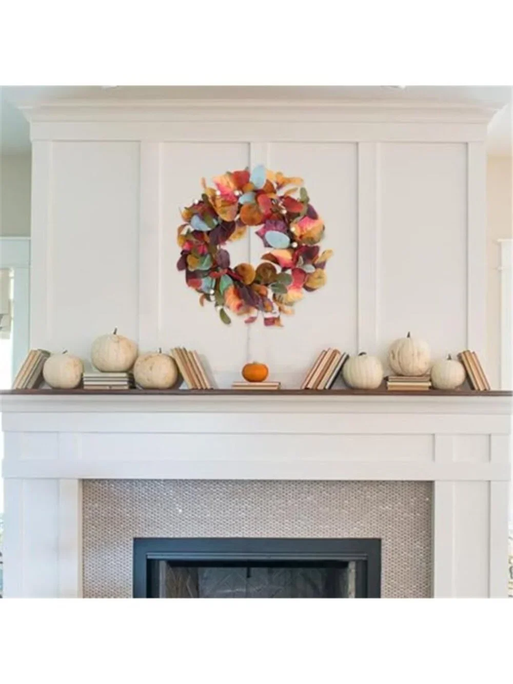 14 Inch Fall Orange Eucalyptus Small Wreath with White Berries for Front Door